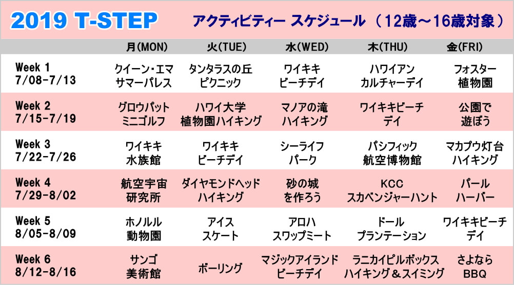 サマースクール・ティーンズコースの日替りアクティビティ